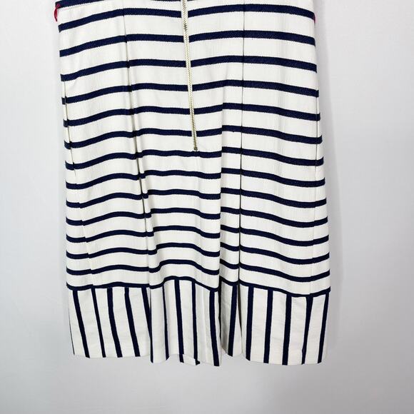 Eliza J 2 Navy Blue White Striped Fit and Flare Dress Pleated Keyhole Pockets - Picture 8 of 14